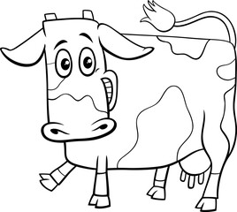 happy cartoon spotted cow farm animal character coloring page