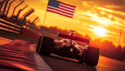 Formula 1 Race Car Sunset American Flag Victory Track
