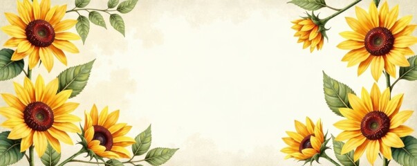 Watercolor sunflowers in a vintage style frame , vintage, watercolor