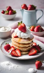 Light, airy Japanese souffl&eacute; pancakes stacked high with fresh strawberries and whipped cream, a perfect treat for dessert lovers!
