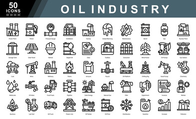 Oil Industry icon collection set. Containing Power Plant,Petrol,Pressure Gauge,Distillation,Factory,Global Warming,Maintenance,Barrel,Gas,Nuclear Plant icon. Simple line vector illustration.