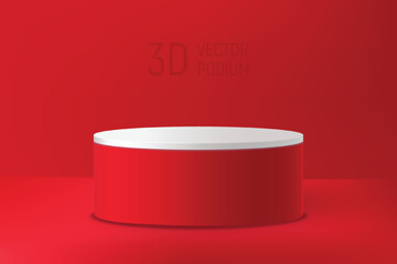 Red podium 3d with white top. Realistic 3d stage for show product on red background. Studio showcase podium mockup with fashion cyclorama. Abstract red room with realistic pedestal scene.
