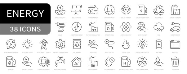 Green energy simple line icons set. Renewable energy, electricity, ecology editable stroke icon vector