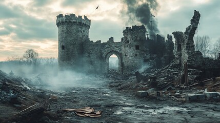 Ruined medieval castle with smoke rising after battle, desolation scene
