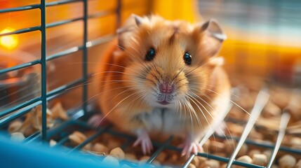Obraz premium Dejected hamster huddled in the corner of its cage ignoring its wheel and food following a recent habitat change indicating rodent depression