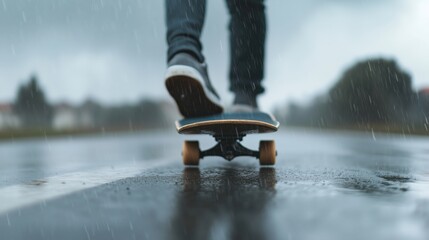 Student pinning timetable on skateboard in stormy weather