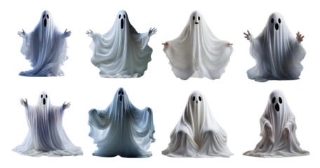Whimsical Ghost Characters in Various Poses on a Transparent Background, isolated on transparent background