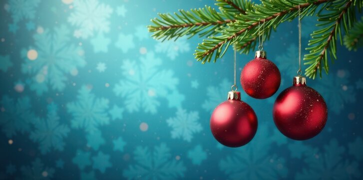 A cluster of ornaments dangle from a branch on a serene blue backdrop , decoration, wintery