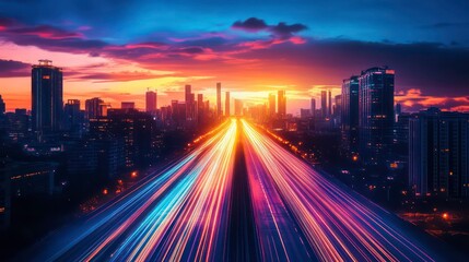 Fototapeta premium City skyline at sunset, vibrant highway. Urban landscape moving forward. Stock photo