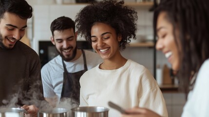 Obraz premium Group of friends enjoying instant noodles while studying in a cozy kitchen