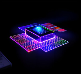 Futuristic neon glitch background.Glitched nightlife tech lines,street light motion and technology seamless pattern design.Screen damage.Digital glitch error.Colorful glow on teal.generative ai