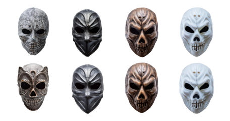 Collection of Artistic Skull Masks in Various Colors and Designs, isolated on transparent background