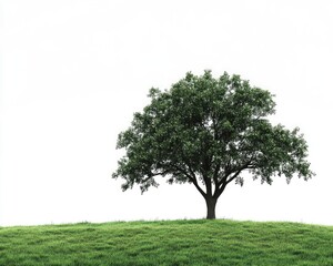 Fototapeta premium Lone Tree Standing on Grassy Hill Against White Background Illustration
