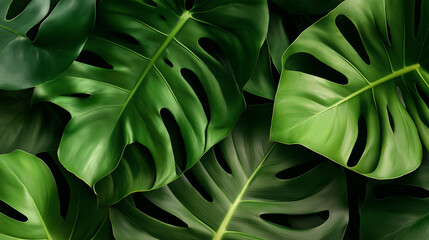 Large green monstera leaves arranged on a dark textured background.
