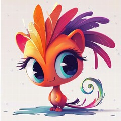 Fototapeta premium Adorable Cartoon Creature with Vibrant Feathers and Large Eyes