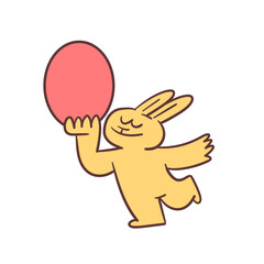 Easter bunny holding an easter egg, cartoon quirky cute illustration.
