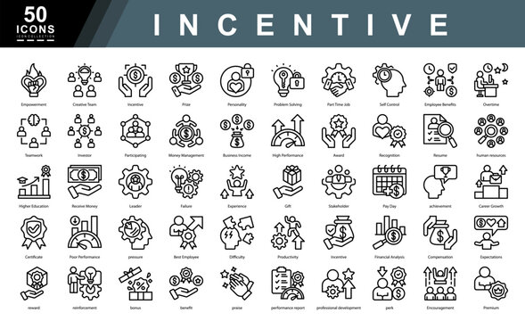 Incentive icon collection set. Containing pressure,Best Employee,Difficulty,Productivity,Incentive,Financial Analysis,Expectations,reward,reinforcement,bonus icon. Simple line vector illustration