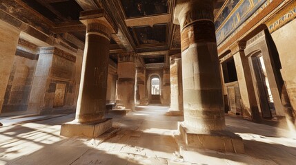 Obraz premium A large sunlit interior with columns and decorated ceiling elements