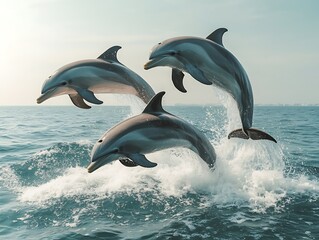 Fototapeta premium Three dolphins leap gracefully through the ocean water together playfully