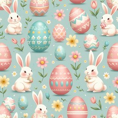 Obraz premium Pastel Easter Pattern with Cute Rabbits, Decorated Eggs, and Floral Accents