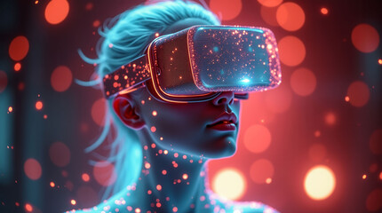 A woman wearing a virtual reality headset. The image is a computer generated image of a woman wearing a virtual reality headset
