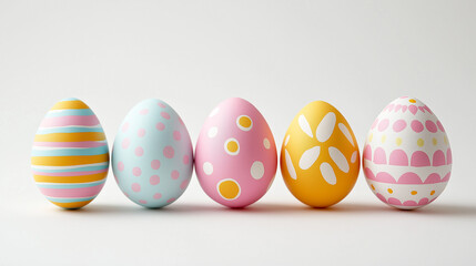 Colorful decorated Easter eggs in pastel tones arranged in a row against a light background.
