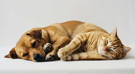 Obraz premium A cat and a Dog sleeping together. Puppy and kitten sleeping