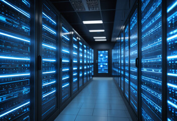 Fototapeta premium Server Room Interior with Rows of Rack Servers