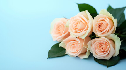 A delicate bouquet of soft peach roses with green leaves on a light blue background.
