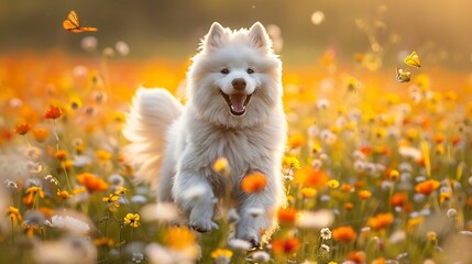 Fluffy Samoyed dog bounding through field of wildflowers mouth open wide grin eyes sparkling delight leaps catch butterflies fluttering around the sun casting a golden glow on its pristine white fur