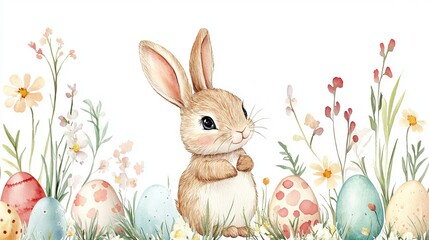 Obraz premium Cute Easter card with a watercolor bunny, eggs, and flowers. It has pretty spring colors.