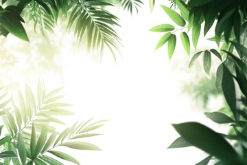 Green Leaves Border on White Background Creates a Tropical Frame