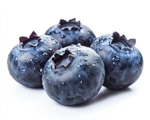 Fresh Blueberries Close-up with Water Droplets on White Background Studio Shot
