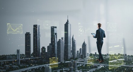 Man with tablet analyzes futuristic city, inspecting technology and data, visualizing urban development, creating a smart cityscape on a construction plan
