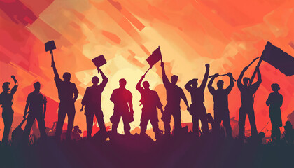 Silhouette Workers Protest Revolution Fiery Sunset Background