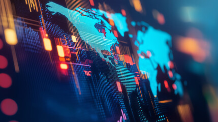 Digital world map visualization with data charts and glowing interface elements representing global technology and analytics.
