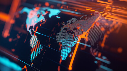 Digital world map visualization with data charts and glowing interface elements representing global technology and analytics.
