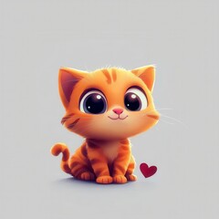 Obraz premium Adorable Cartoon Kitten with Big Eyes and Heart
