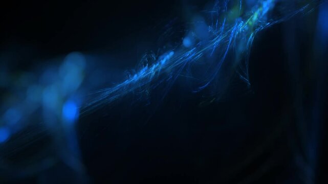 Leuchtende blaue filigrane Fasern &ndash; dynamische Wissenschafts- und Technologie-Visualisierung zu Datentransfer und moderner Kommunikation, Nebel, Forschung
