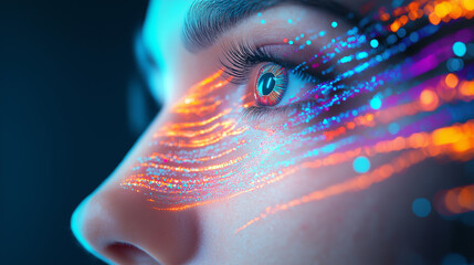 Close-up of a human eye illuminated by vibrant, multicolored digital light trails symbolizing data, technology, and vision.
