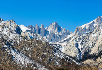 Snow Capped Mt. Whitney at Lone Pine Campground, Alabama Hills National Recreation Area, Lone Pine, California, USA