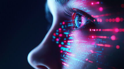 Close-up of a human eye illuminated by vibrant, multicolored digital light trails symbolizing data, technology, and vision.
