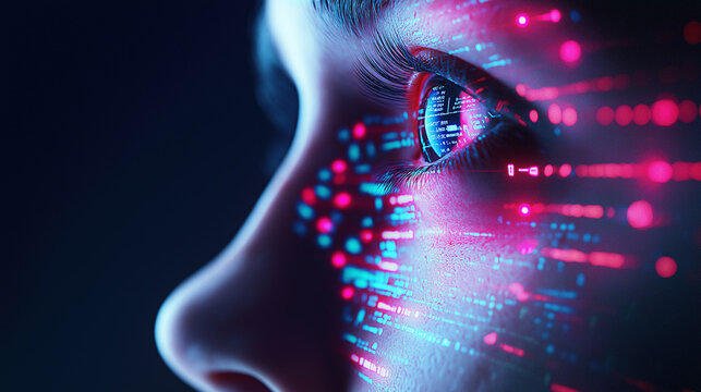 Close-up of a human eye illuminated by vibrant, multicolored digital light trails symbolizing data, technology, and vision.
