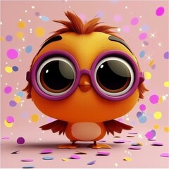 Fototapeta premium Adorable Cartoon Bird with Big Eyes and Purple Glasses in Confetti