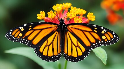 Fototapeta premium An orange and black butterfly rests on a colorful flower bloom