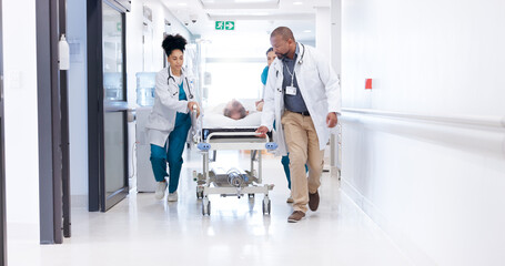 Running, hospital and doctors with bed for emergency, surgery and help for medical service....