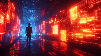 Silhouette exploring futuristic neon corridor illuminated by digital interfaces