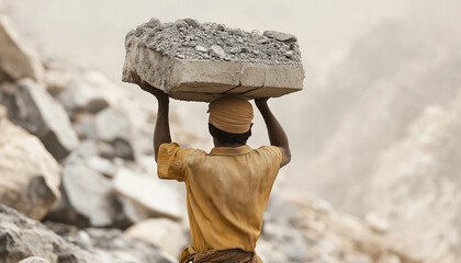 Manual Laborer Carrying Heavy Stone Quarry Debris Load