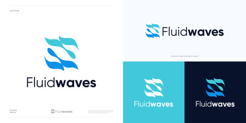 Creative wave logo icon design vector, symbol modern water waves sea or ocean, nature fluid sign with wave water. or surge fluctuate with blue color, geometric logotype illustration templates element.