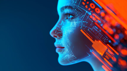 A woman's face overlaid with glowing orange digital circuit patterns, symbolizing the fusion of humanity and technology.